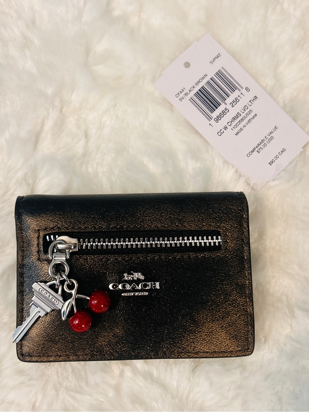 COACH Black Brown Leather Zip Card Case with Red Cherry Silver Charm NWT